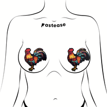 Load image into Gallery viewer, Cock: Colourful Rooster Chicken Nipple Pasties by PasteaseĀ®. Two cockerel shaped nipple covers shown on a femme body outline for size reference on a white background.