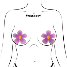 Load image into Gallery viewer, Purple Groovy Flower Pasties by Pastease. Two nipple covers with various shades of pink and purple outlining the yellow centre in a y2k style flower shape shown on a femme body outline on a white background.