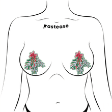 Load image into Gallery viewer, Christmas Winter Mistletoe with Red Bow Kissing Nipple Pasties by Pastease®. Two glittery mistletoe nipple covers, shown on drawing of chest. Perfect for a festival, burlesque performance, Christmas, pride or parties.