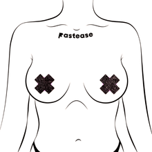Load image into Gallery viewer, Petite Plus X: Two Pair of Small White Matte Plus Nipple Pasties by Pastease®. Cross nipple covers shown on drawing of chest. Perfect for a festival, pride, burlesque performance, only fans content, or a party.