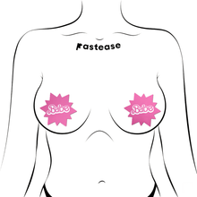 Load image into Gallery viewer, Babe Doll Pink Sunburst Pasties by PasteaseĀ®. Two barbie pink coloured sunburst star nipple covers with babe written in the centre shown on a femme body outline for size reference on a white background.