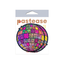 Load image into Gallery viewer, a pair of disco ball nipple covers on a white background. The disco balls are holographic with pinks, purples, yellow, orange and green hues and sparkles.