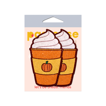 Load image into Gallery viewer, Pumpkin Spice Latte Breast Pasties Nipple Covers by Pastease®. Two glittery pumpkin spiced latte with whipped cream nipple covers in the pastease cellophane packaging on a white background. Perfect for festivals, pride, burlesque, raves, only fans content or parties.