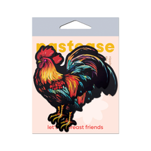 Load image into Gallery viewer, Cock: Colourful Rooster Chicken Nipple Pasties by PasteaseĀ®. Two cockerel shaped nipple covers in the packet on a white background. Perfect for a festival, burlesque performance, pride or parties.