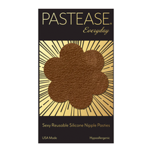 Load image into Gallery viewer, Everyday Reusable: Suede Cocoa Dark Brown Flower with Mini Hearts Reusable Nipple Pasties by Pastease® Everyday o/s. Two dark brown flower shaped nipple covers in packet, shown on white background.
