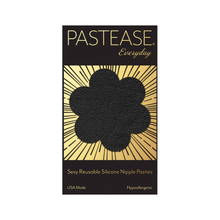 Load image into Gallery viewer, Everyday Reusable: Onyx Flat Black Suede Flower with Mini Hearts Reusable Nipple Pasties by Pastease® Everyday o/s. Two black flower shaped nipple covers in packet, shown on a white background. Perfect for a festival, burlesque performance, pride, parties or everyday!