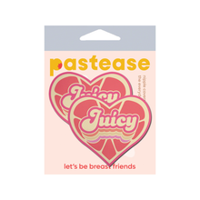 Load image into Gallery viewer, Love: 'Juicy' Pink Grapefruit Retro Heart Pasties Affirmations by PasteaseĀ®. Two pink heart shaped nipple covers with grapefruit pattern and 'Juicy" written in yellow, shown on white background. Perfect for a festival, burlesque performance, pride or parties.
