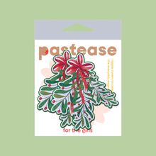 Load image into Gallery viewer, Christmas Winter Mistletoe with Red Bow Kissing Nipple Pasties by Pastease®. Two glittery mistletoe nipple covers, shown on green background. Perfect for a festival, burlesque performance, Christmas, pride or parties.