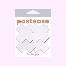 Load image into Gallery viewer, Petite Plus X: Two Pair of Small White Matte Plus Nipple Pasties by Pastease®. White cross nipple covers shown on a pastel pink background. Perfect for a festival, pride, burlesque performance, only fans content, or a party.
