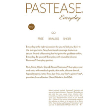 Load image into Gallery viewer, White backing card for the Everyday Reusable: Onyx Flat Black Suede Flower with Mini Hearts Reusable Nipple Pasties by Pastease® Everyday  with gold text reading Go Free, Go Braless, Go Sheer. There is further information stating how to store them.