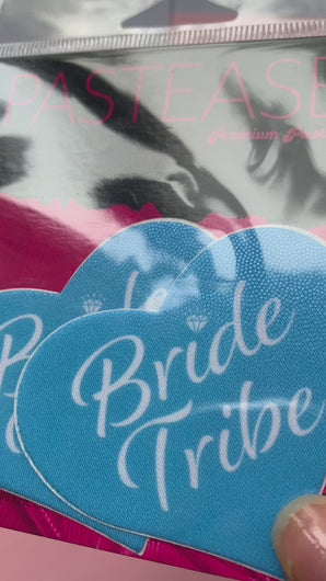 Video of the Love: Blue 'Bride Tribe' Heart Nipple Pasties by Pastease in the Pastease pink and black packaging. Perfect for a festival, pride, burlesque performance, only fans content or a hen do party.