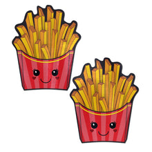 Load image into Gallery viewer, Fry: Happy Kawaii French Fries Nipple Pasties by Pastease. Two French fry chip packet box with kawaii heart blush faces nipple covers on a white background. Perfect for a festival, pride, burlesque performance, only fans content or a party.