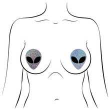Load image into Gallery viewer, Alien: Silver Glitter Alien with Spacey Black Eyes Nipple Pasties by Pastease® o/s shown on a femme body illustration for size reference on a white background.