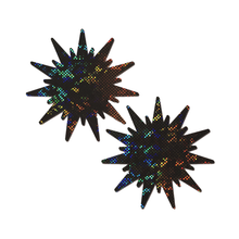 Load image into Gallery viewer, Sunburst: Black Shattered Glass Disco Ball Pasties by Pastease® o/s. Two black iridescent nipple covers on a white background. Perfect for festivals, pride, burlesque, raves, only fans content or parties.