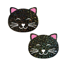 Load image into Gallery viewer, Kitty Cat: Happy Black Glitter Pasties by Pastease® o/s. Two glittery black cat shaped nipple covers on a white background. Perfect for a festival, pride, burlesque performance, only fans content or a party.