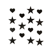 Load image into Gallery viewer, Pastease Confetti: Liquid Black Baby Heart & Star Body Pasties by Pastease®. Mini shiny black hearts and stars body stickers shown on a white background. For festivals, pride, burlesque, raves or parties.