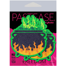 Load image into Gallery viewer, green black and orange bubbling cauldron nipple cover pasties with glittery finish in the pastease pink and black packaging. Perfect for a festival, pride, burlesque performance, only fans content or a party.