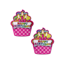 Load image into Gallery viewer, Cupcake: Pink & Multi-colour Happy Birthday Pasties by Pastease® o/s. Two pink cupcake shaped nipple covers with a happy birthday banner, candles and rainbow sprinkle icing on a white background. Perfect for a festival, pride, burlesque performance, only fans content or a party.