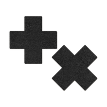 Load image into Gallery viewer, The Everyday Reusable: Suede Onyx Flat Black Cross with Mini Hearts Reusable Nipple Pasties by Pastease. Two matte black cross nipple covers on a white background. Perfect for a festival, pride, burlesque performance, only fans content or a party.