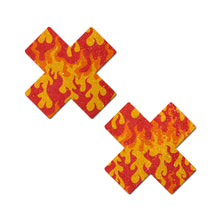 Load image into Gallery viewer, Plus X: Flaming Sparkle Cross Nipple Pasties by PasteaseĀ® o/s. Two glittery flame cross nipple covers on a white background. Perfect for a festival, pride, burlesque performance, only fans content or a party.