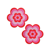 Load image into Gallery viewer, Daisy: Red & Pink Glitter Velvet Pasties by Pastease® o/s. Two pink and red glittery Daisy shaped nipple covers on a white background. Perfect for a festival, pride, burlesque performance, only fans content or a party.