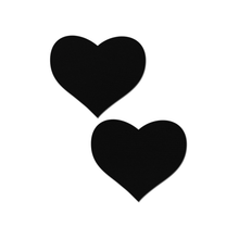 Load image into Gallery viewer, Love: Matte Black Heart Nipple Pasties by Pastease®.  Two matte black heart shaped nipple covers shown on a white background. Perfect for a festival, pride, burlesque performance, only fans content or a party.