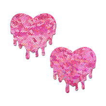 Load image into Gallery viewer, Melty heart: Pink Melting Heart Pasties by Pastease® o/s. Two pink iridescent heart shaped nipple covers on a white background. Perfect for a festival, pride, burlesque performance, only fans content or a party.