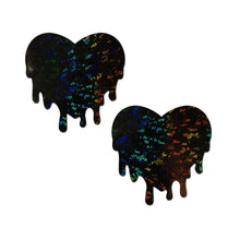 Load image into Gallery viewer, Melty Heart: Melty Heart Nipple Pasties by Pastease. Two holographic black drippy style shaped hearts on a white background. Perfect for a festival, pride, burlesque performance, only fans content or a party.