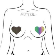 Load image into Gallery viewer, Love: Reflective Rainbow Heart Nipple Pasties by Pastease®. Two reflective black to rainbow heart shape nipple covers shown on a femme body outline for size reference on a white background.