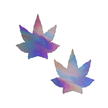 Load image into Gallery viewer, Indica Pot Leaf: Lavender Holographic Pasties by Pastease® o/s. Two shimmering holographic lilac weed shaped nipple covers on a white background. Perfect for a festival, pride, burlesque performance, only fans content or a party.