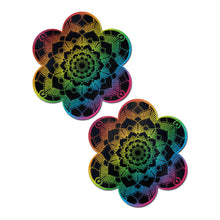 Load image into Gallery viewer, Daisy: rainbow mandala flower nipple pasties by pastease. Multicoloured rainbow base fabric with intricate black mandala detailing printed over. Perfect for a festival, pride, burlesque performance, only fans content or a party.