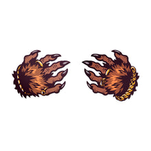 Load image into Gallery viewer, Monster Hands Pasties: Classy Werewolf Claws Nipple Covers by Pastease®. Two brown monster style hands with long claws and gold jewellery in a clasped shape nipple covers shown on a white background. Perfect for a festival, pride, burlesque performance, only fans content or a party.