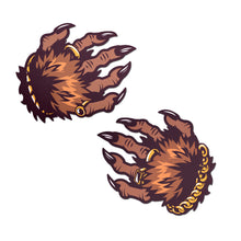 Load image into Gallery viewer, Monster Hands Pasties: Classy Werewolf Claws Nipple Covers by Pastease®. Two brown monster style hands with long claws and gold jewellery in a clasped shape nipple covers shown on a white background. Perfect for a festival, pride, burlesque performance, only fans content or a party.
