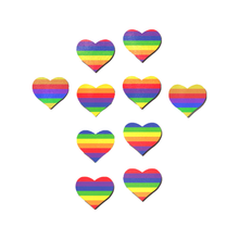 Load image into Gallery viewer, Body Minis: 10 Mini Rainbow Hearts Nipple & Body Pasties by PasteaseĀ®. Ten mini rainbow striped heart shape body stickers on a white background. Perfect for a festival, pride, burlesque performance, only fans content or a party.