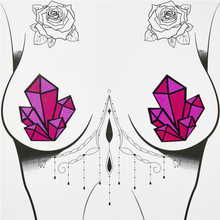 Load image into Gallery viewer, The Crystal: Dazzling Multi-Color Crystal Cluster Nipple Pasties by Pastease shown on a femme body outline for size reference on a white background.