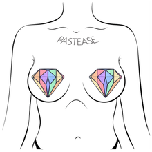 Load image into Gallery viewer, The Gem: Pastel Rainbow Diamond Nipple Pasties by Pastease shown on a femme body outline for size reference on a white background.