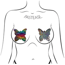 Load image into Gallery viewer, The Monarch: J. Valentine® Pearl to Silver Flip Sequin Butterfly Nipple Pasties by Pastease shown on a femme body outline for size reference on a white background. Perfect for a festival, pride, burlesque performance, only fans content or a party.