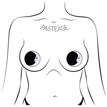 Load image into Gallery viewer, The Moon: Black and White Man in the Moon Nipple Pasties by Pastease shown on a femme body outline for size reference on a white background.