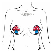 Load image into Gallery viewer, The Mushroom: Colourful Shroom Nipple Pasties by Pastease shown on a femme body outline for size reference on a white background.