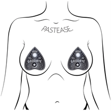 Load image into Gallery viewer, The Ouija Planchette Nipple Pasties by Pastease. Two ouija board planchette nipple covers shown on a femme body outline for size reference on a white background.