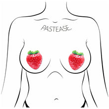 Load image into Gallery viewer, The Strawberry: Sparkly Red & Juicy Berry Nipple Pasties by Pastease. Two glitter red strawberry nipple covers shown on a femme body outline for size reference on a white background.