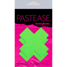 Load image into Gallery viewer, The Plus X: Neon Green (Blacklight Reactive) Cross Nipple Pasties by Pastease in the pink and black pastease packaging on a white background.