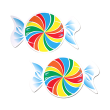 Load image into Gallery viewer, Candy: Rainbow Swirl Pasties by Pastease® o/s. Two sweet shaped nipple covers on a white background. Perfect for a festival, pride, burlesque performance, only fans content or a party.