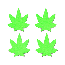 Load image into Gallery viewer, Petites: Two-Pair of Small (Glow-In-The-Dark) Pot Leaf Nipple Pasties by Pastease®. Four petite neon green cannabis weed leaf shaped nipple covers shown on a white background. Perfect for festivals, pride, burlesque, raves, only fans content or parties.