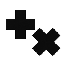 Load image into Gallery viewer, Plus X: Matte Black Cross Nipple Pasties by Pastease®. Two matte black plus x cross symbol nipple covers shown on a white background. Perfect for a festival, pride, burlesque performance, only fans content or a party.