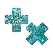 Load image into Gallery viewer, Plus X: Seafoam Disco Glitter Cross Pasties by Pastease® o/s. Two teale blue iridescent cross shaped nipple covers on a white background. Perfect for a festival, pride, burlesque performance, only fans content or a party.