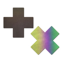 Load image into Gallery viewer, Plus X: Reflective Rainbow Cross Nipple Pasties by Pastease® o/s. Two reflective black to rainbow cross shaped nipple covers on a white background. Perfect for a festival, pride, burlesque performance, only fans content or a party.