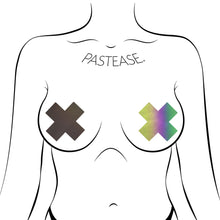 Load image into Gallery viewer, Plus X: Reflective Rainbow Cross Nipple Pasties by Pastease. Two reflective black to rainbow cross shaped nipple covers shown on a femme body outline for size reference on a white background.