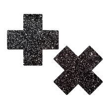Load image into Gallery viewer, Plus X: Black Sparkle Velvet Cross Pasties by Pastease® o/s. Two glittery black cross shaped nipple covers on a white background. Perfect for festivals, pride, burlesque, raves, only fans content or parties.