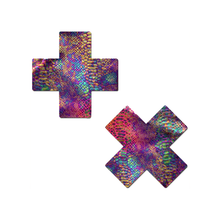 Load image into Gallery viewer, Plus X: Neon Rainbow Tie Dye Snake Print Cross Pasties by Pastease® o/s. Two iridescent snake print cross shaped nipple covers on a white background. Perfect for a festival, pride, burlesque performance, only fans content or a party.